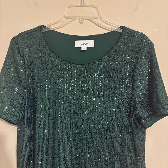CeCe Emerald Green Sequin Godet Short Sleeve Shimmer Dress M - Picture 6 of 14